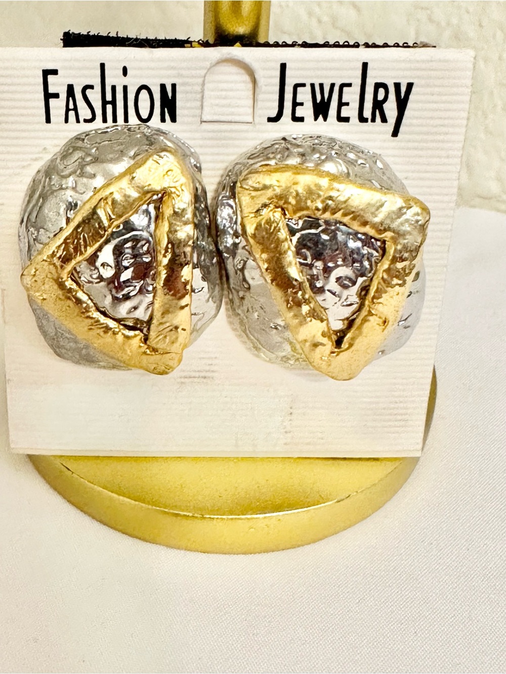 VTG Two-Tone Gold & Silver Triangle Stud Earrings (Moderate Weight)